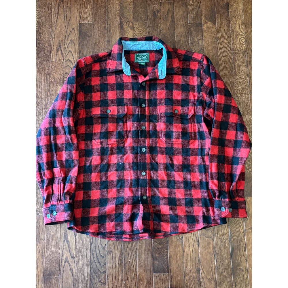 Woolrich Mens Large Red Black Buffalo Plaid Wool Shirt Jacket Flannel 85% Wool
